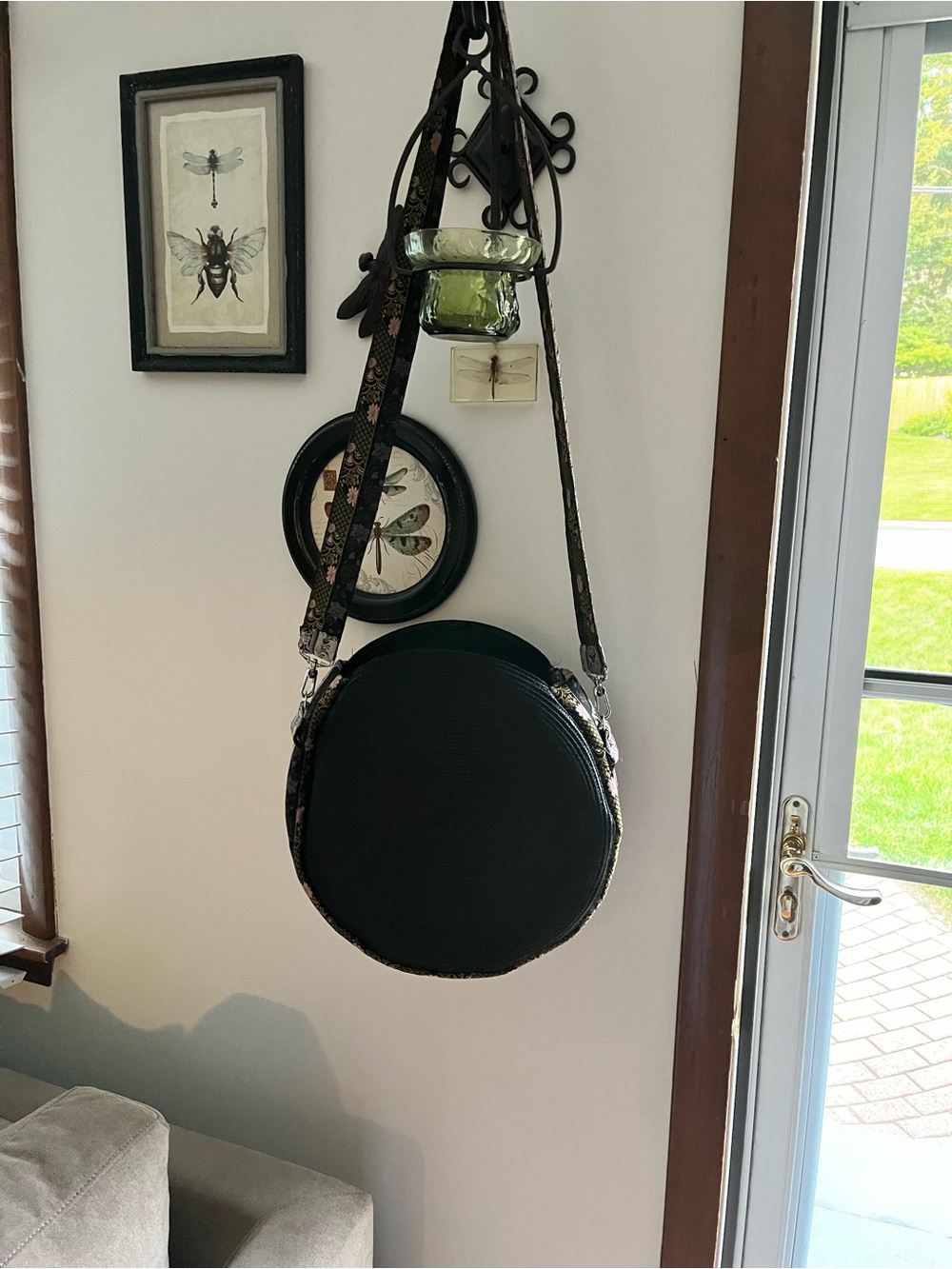 Black Round Crossbody Bag -  Floral Strap